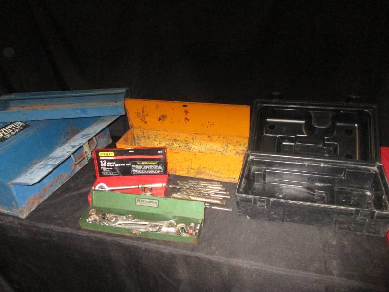 lot 57 image: 3 Toolboxes , Tractor Box, Blue Biclose and Panasonic Drill Box