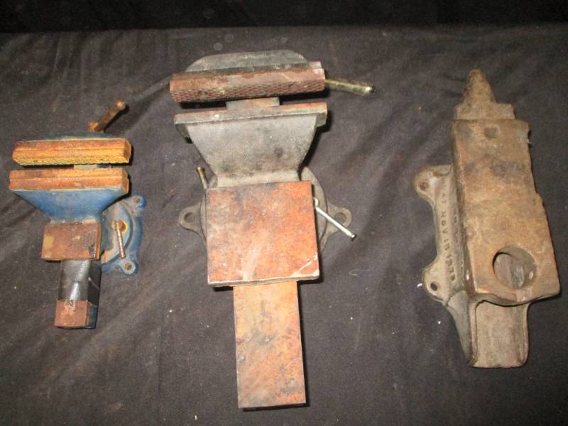 lot 100 image: 2 Bessey bench vice plus small Vice and Cheney Anvil Pat Nov 18,