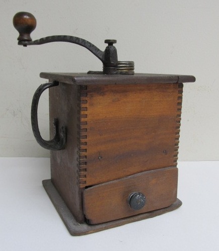 lot 26 image: Primitive Antique Dovetailed Coffee Grinder 