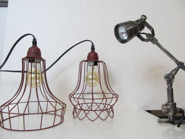 lot 27 image: Industrial Style Hanging Cage Pendant Lamps & Bench Lamp