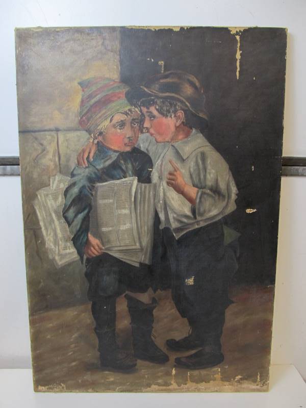 lot 45 image: Original Antique Oil on Canvas Painting - Boys wNewspaper