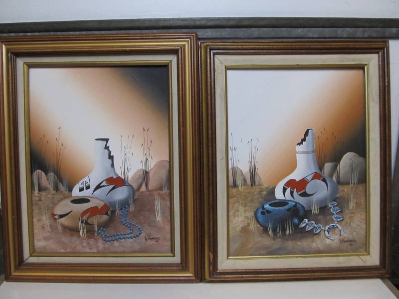 lot 47 image: Pair of Original Vintage Native American Oil on Canvas Paintings
