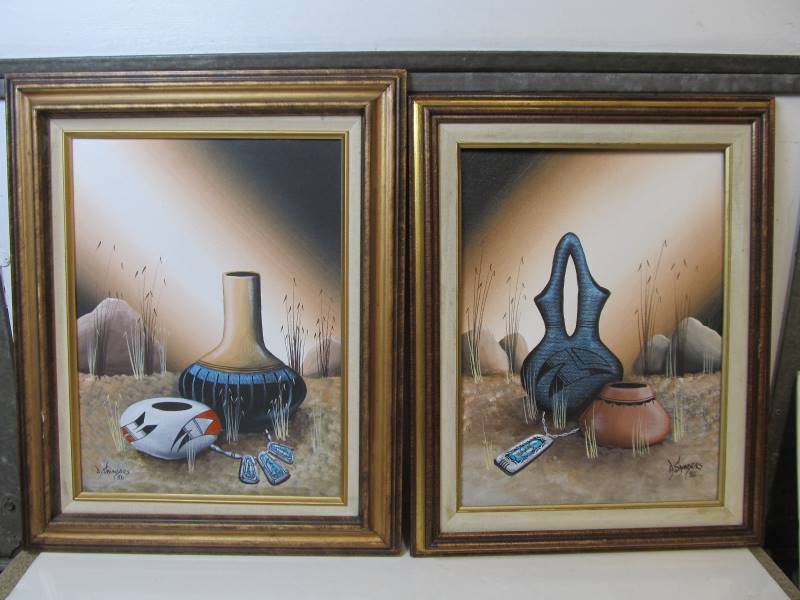 lot 48 image: Pair of Original Vintage Native American Oil on Canvas Paintings