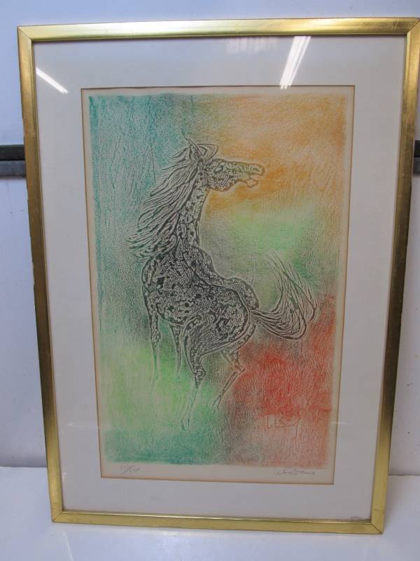 lot 49 image: Vintage Mid Century HOI LEBADANG Signed & Numbered Textured Horse Lithograph