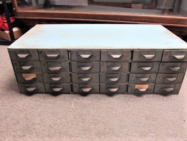 lot 142 image: Old Vintage Industrial Steel 24-Drawer FileParts Cabinet