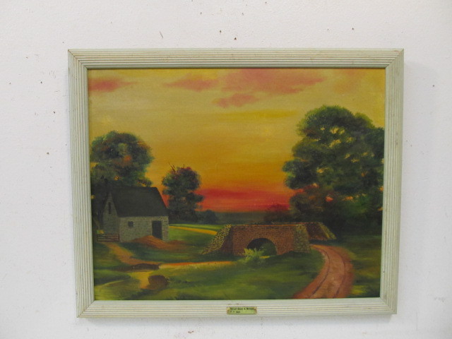 lot 191 image: Vintage Framed Sunset Oil on Canvas Painting