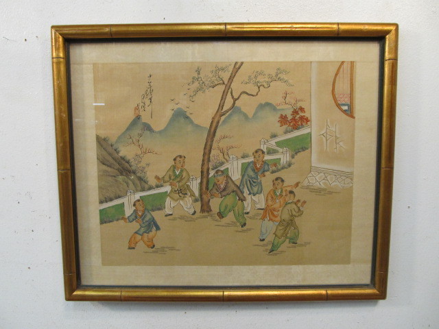 lot 231 image: Vintage Original Chinese Art Boys Playing Blindfold Tag Signed