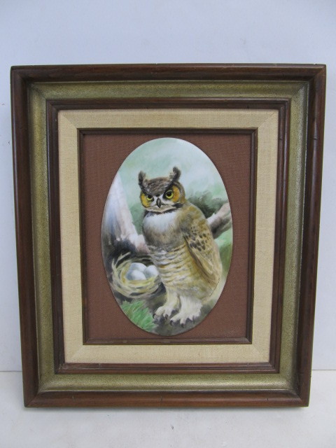 lot 240 image: Vintage Framed Hand Painted Porcelain Owl Painting