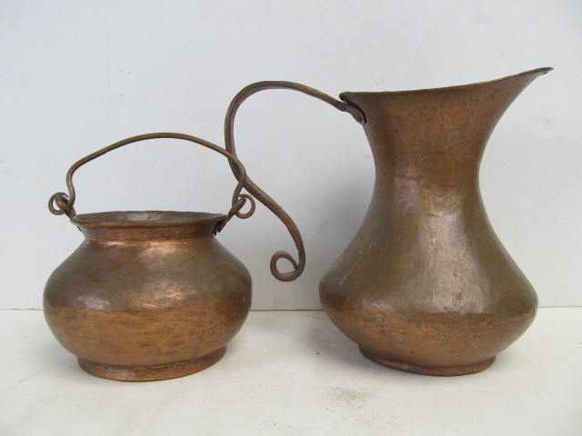 lot 243 image: Vintage Hand Hammered Copper Pitcher & Pail