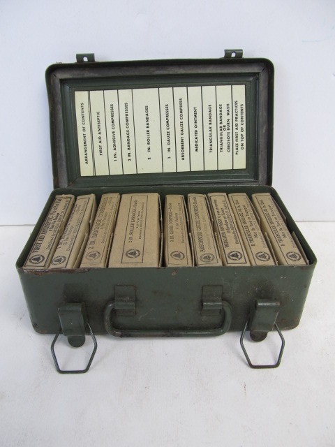 lot 247 image: Vintage BELL SYSTEM Heavy Steel First Aid Kit wSupplies