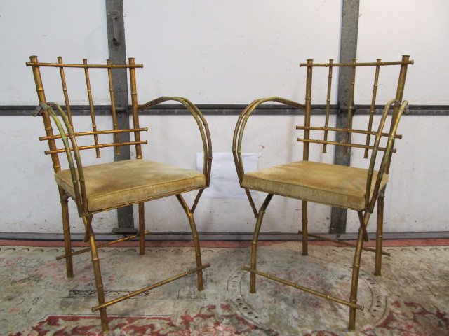lot 258 image: Pair of Vintage 1950s Hollywood Regency Bamboo Gilt Metal Arm Chairs - Highland House of Hickory