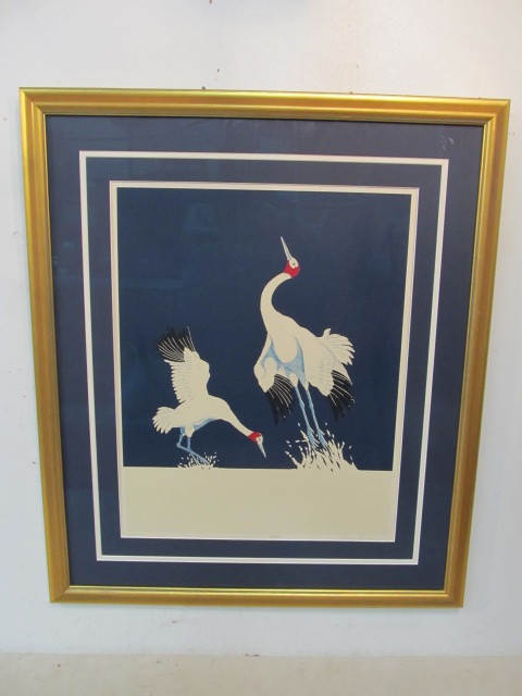 lot 273 image: Nice Vintage Framed Signed & Numbered Japanese Style Bird Print - Dancers