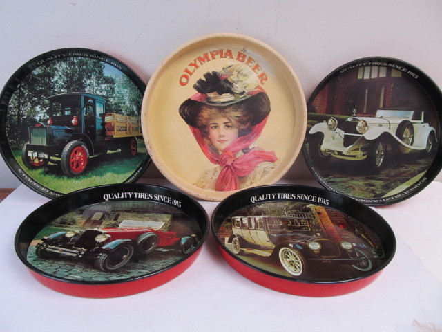 lot 156 image: Group of 5 Vintage Metal Beer Trays General Tire & Olympia 