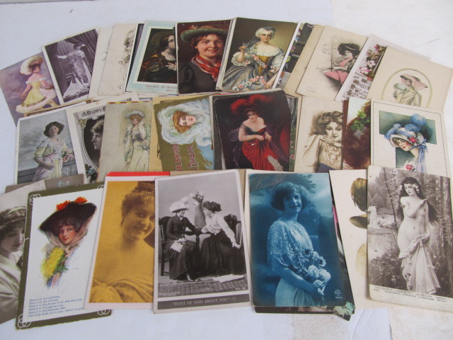 lot 160 image: Lot of Original Antique 1910s Victorian Lady Postcards - 75 total