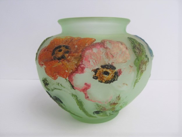 lot 178 image: Vintage Hand Painted Embossed Floral Green Art Glass Vase
