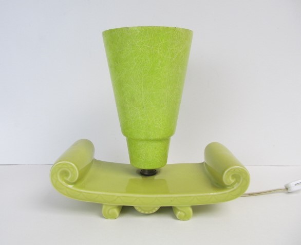 lot 192 image: Mid Century Lime Green Scrolled Ceramic Lamp wFiberglass Shade