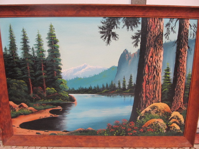 lot 121 image: Large Vintage Signed ALBRECHT Riverbank Lakeshore Oil Painting