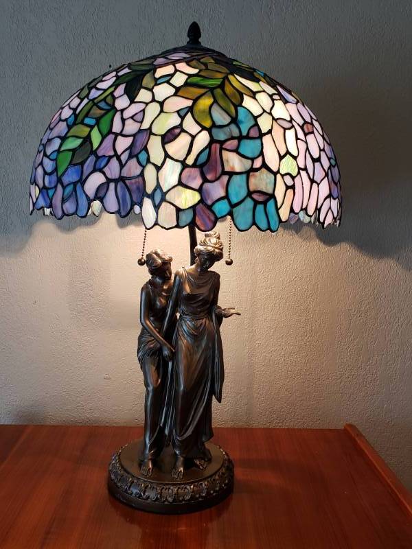 lot 16 image: Antique Style Stained Glass Lamp with Female Figurals