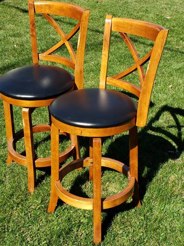 lot 21 image: (2) High-top Padded Swivel Hardwood Chairs