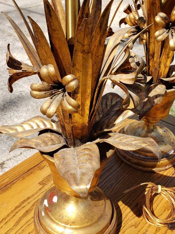 lot 26 image: (2) Marbro Lamp Co Hollywood Regency Gilt Metal Bouquet Table Lamps