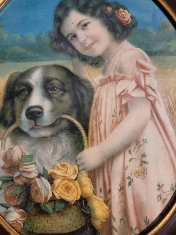 lot 44 image: Oval Vintage Framed Print of Girl with Dog