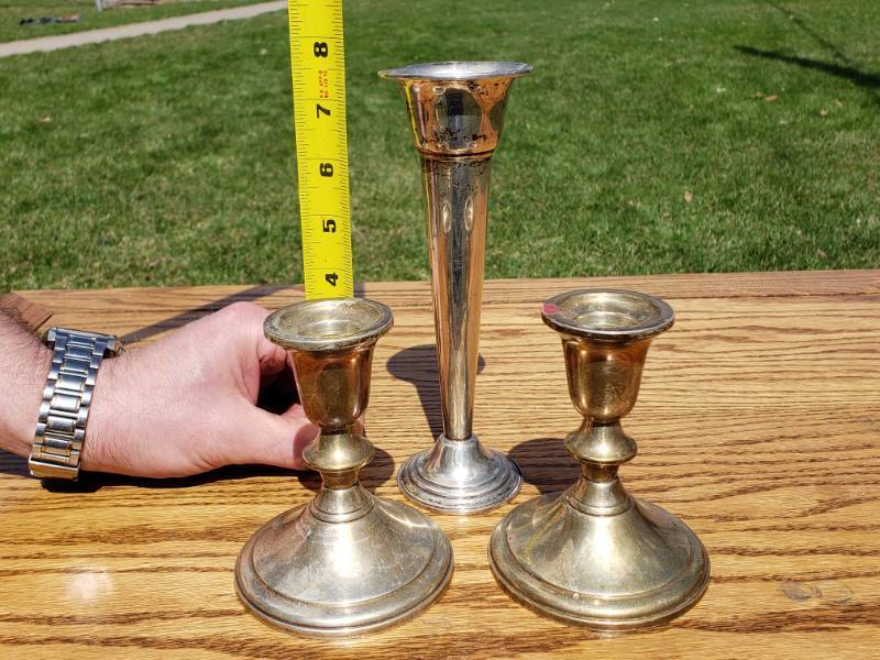 lot 61 image: (3) Towle and Newport Sterling Silver Candle Sticks