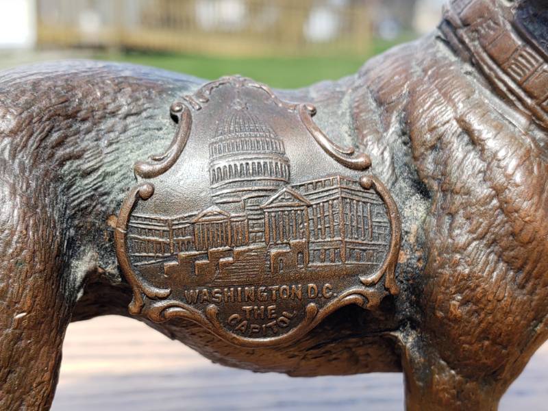 lot 77 image: Antique Souvenir Bronze Bulldogs and a 1890 Cane Topper Engraved