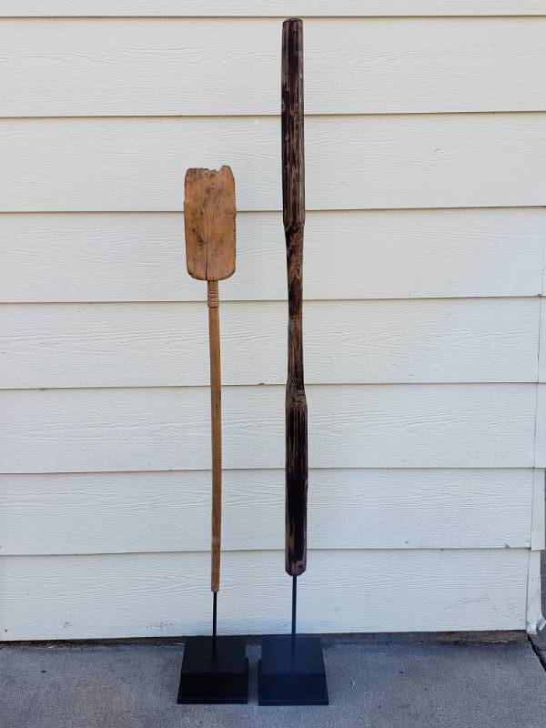 lot 95 image: (2) High-quality Primitive African Relics on Museum Display Stands