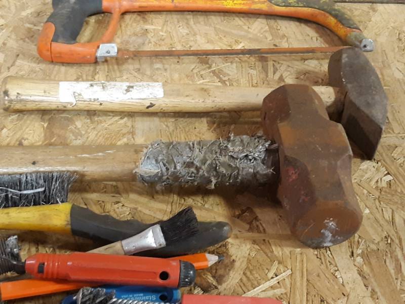 lot 59 image: Bucket of Tools - Saw  Mauls  Square & More