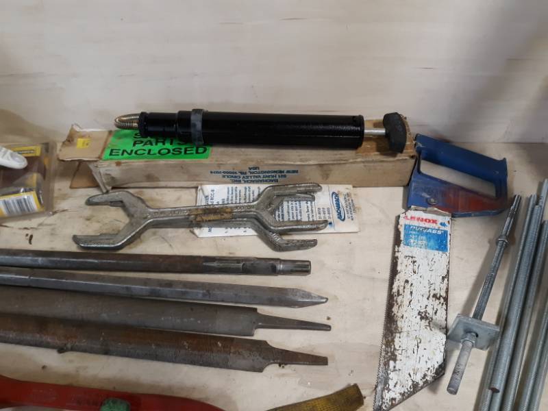 lot 24 image: Bucket of Tools - Saw, Strap Wrenches, etc.