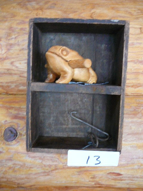 lot 13 image: Vintage Wooden Shelf with Frog Figurine