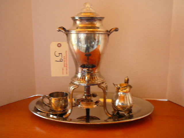 lot 59 image: Silver Coffee Pot, Creamer, Cup, Platter