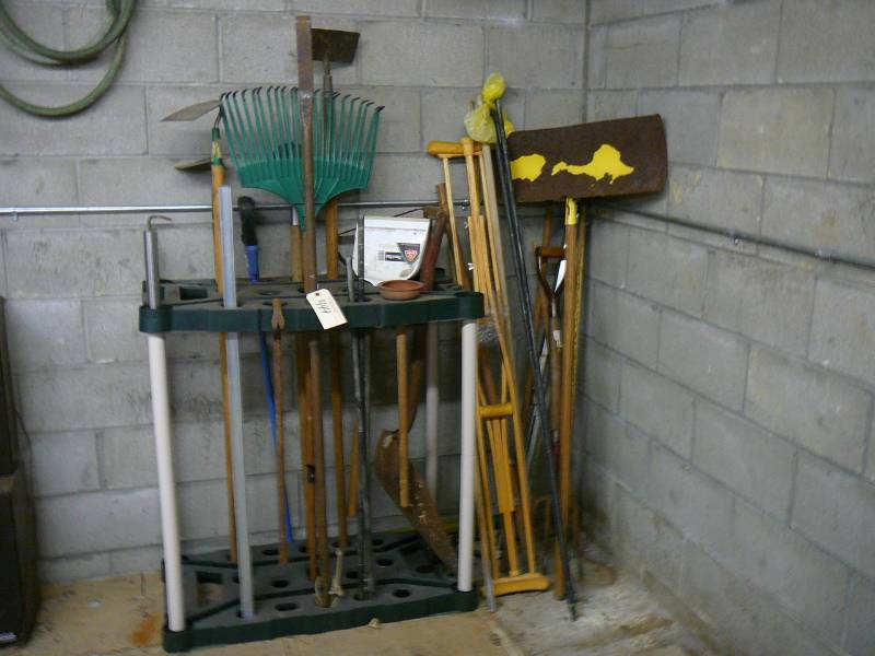 lot 444 image: Tool Rack with Lawn & Garden Tools
