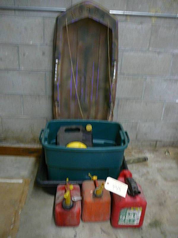 lot 445 image: Gas Cans, Totes, Oil Change pan, Sled
