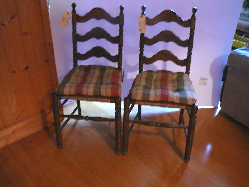 lot 163 image: 2 Wooden Dining Room Chairs With Wicker Seats & Seat Cushions