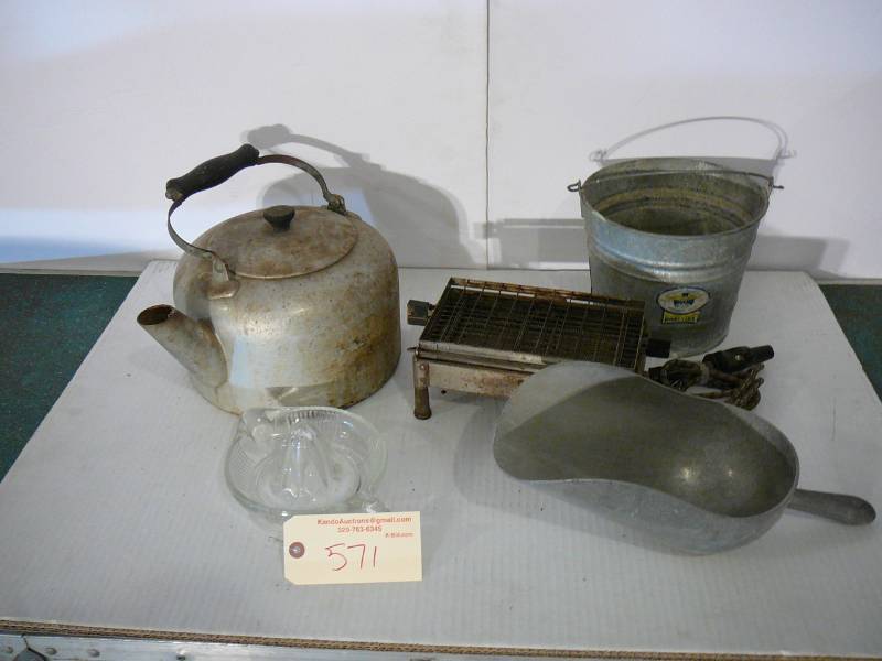 lot 571 image: Vintage Sunbeam, Scooper, Galvanized Bucket, Vintage Kettle