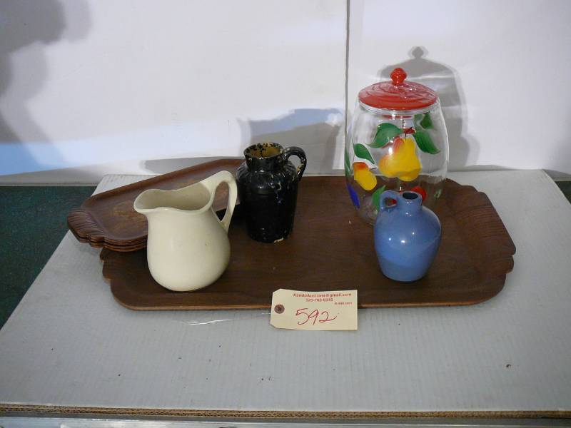 lot 592 image: Wooden Platters, Cookie Jar, Pictures