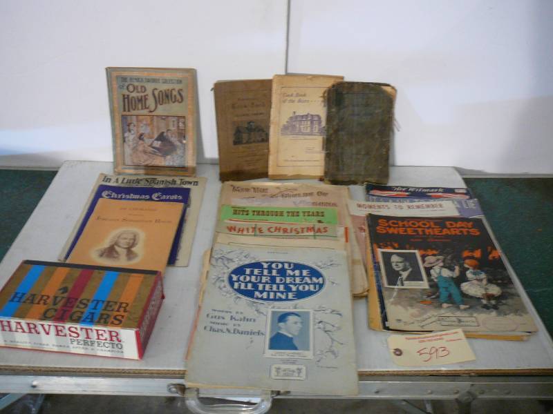 lot 593 image: Lot of Old Cook Books, Music Books, Cigar Box