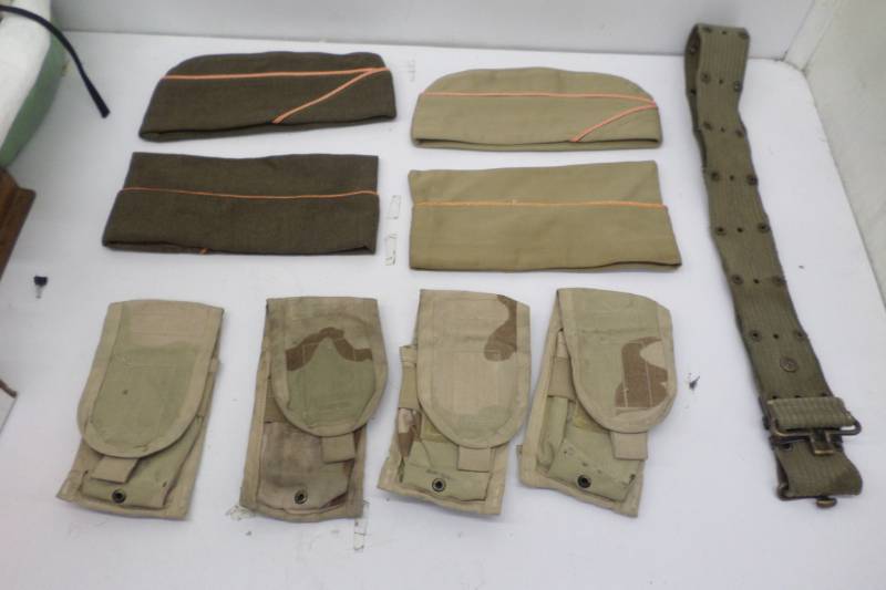 lot 68 image: 4 Vintage Army Berets, 4 Desert M4 Mag Pouches, WWII Era Belt