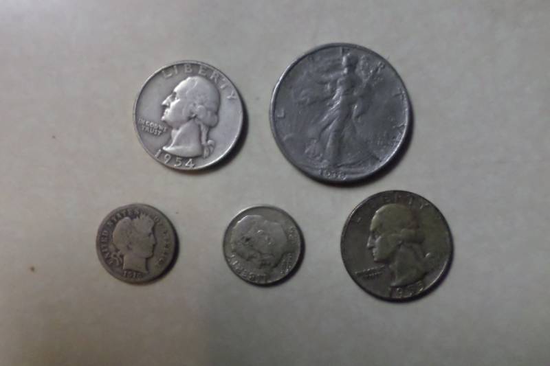 lot 80 image: 1916 Barber Dime, 1960-D Roosevelt Dime, 1954-D Washington Quarter, 1955 Washington Quarter, 1938 Walking Liberty Half Dollar