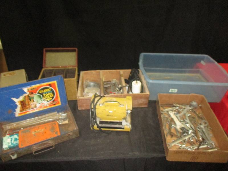lot 117 image: 2- 8 Track Cases, 8 Track tapes, Bike Tire Steel case with parts Easy Sharp Grinder, Wood Box 3 compartments with accessories and wrenches