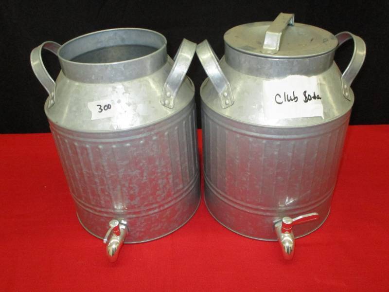 lot 61 image: Drink Dispensers one without a cover, Pitchers, Glasses, stir straws, reserve signs and beer glasses