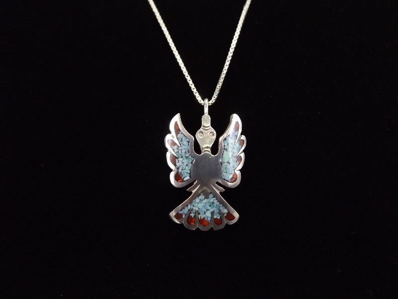lot 2 image: .925 Sterling Silver Inlayed Turquoise and Red Coral Thunderhawk Necklace Pendant