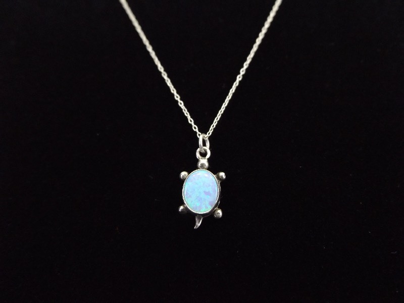 lot 3 image: .925 Sterling Silver Opal Cabochon Turtle Necklace Pendant