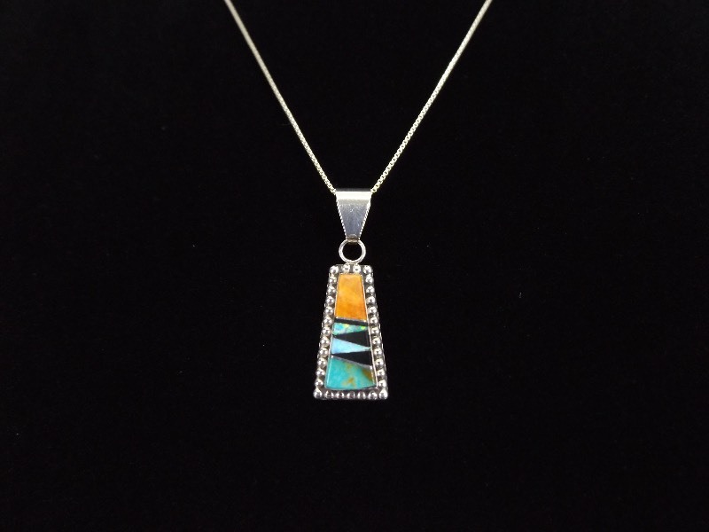 lot 1 image: .925 Sterling Silver Zuni Inlayed Turquoise, Red Coral, etc. Necklace Pendant