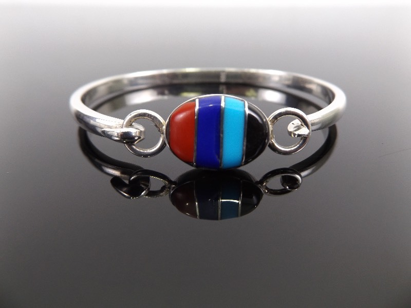 lot 21 image: .925 Sterling Silver Multi Stone Navajo Bangle Hook Closure Bracelet