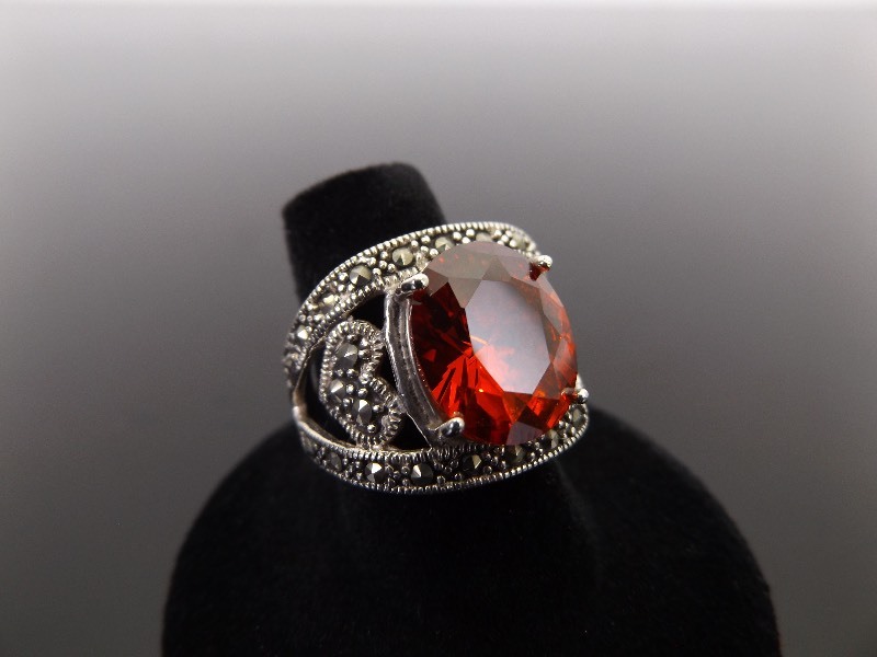lot 44 image: .925 Sterling Silver Art Nouveau Red Sapphire Crystal Ring Size 7.25