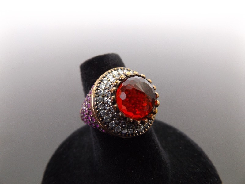 lot 46 image: .925 Sterling Silver Ruby Crystal Dome Accented Cocktail Ring Size 6.25