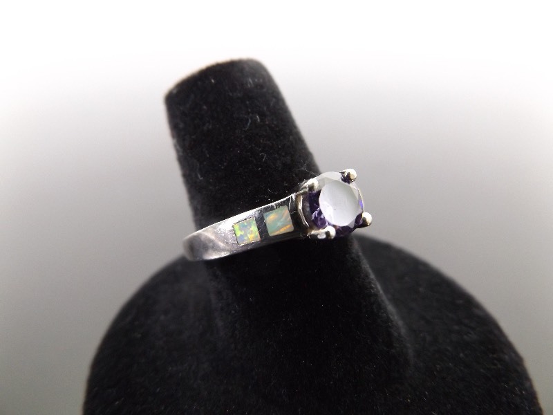 lot 49 image: .925 Sterling Silver Opal Accented Faceted Amethyst Ring Size 7.25
