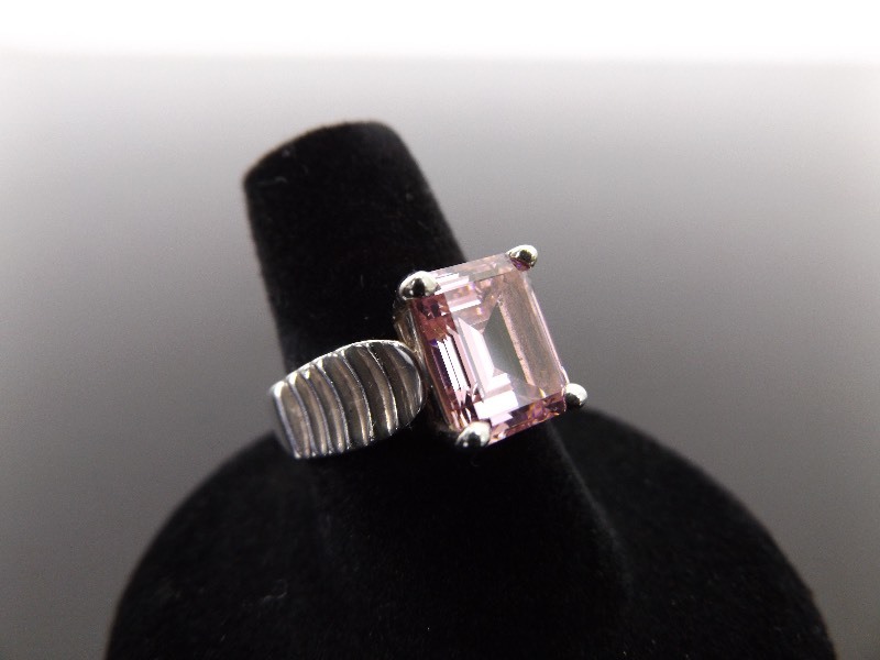 lot 53 image: .925 Sterling Silver Princess Cut Pink Sapphire Crystal Ring Size 7.25